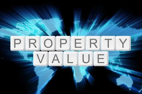 Property value keyboard button with world background Foto stock