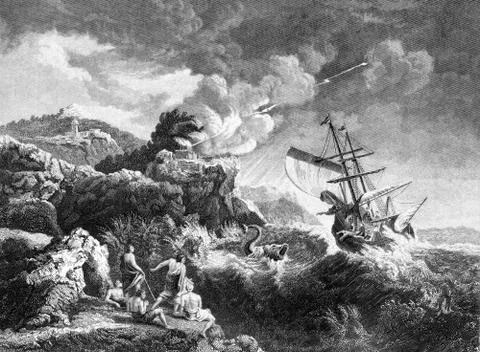 Prophet Jonah being thrown overboard before being swallowed by the whale Illustrazione stock