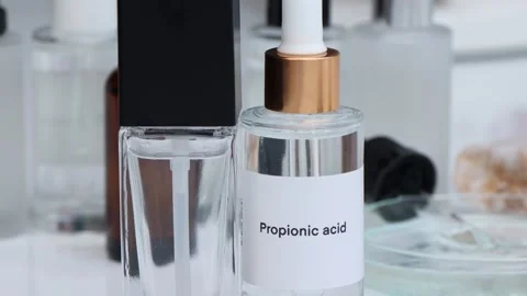 Propionic acid in a bottle, chemical ingredient in beauty produc Stock Footage 223673588