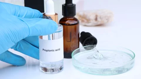 Propionic acid in a bottle, chemical ingredient in beauty product Stock Footage 223673617