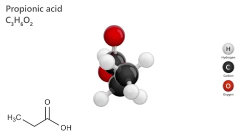 Propionic Acid. E280 food additive. C3H6O2. White background. 3D render Stock Footage 293066555