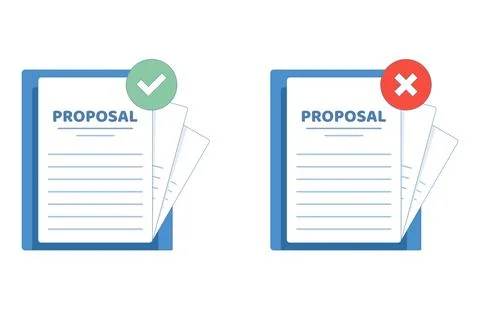 Proposal documents on clipboard, red rejected and green approved stamps. Illustrazione stock