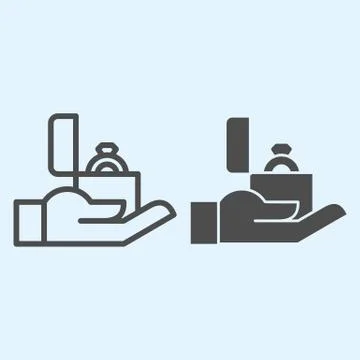Proposal line and solid icon. Ring in box on hand, man offering marriage for 스톡 일러스트