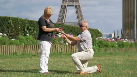 Proposal of marriage in front of Eiffel tower in 4k slow motion 60fps Stock Footage 98526852
