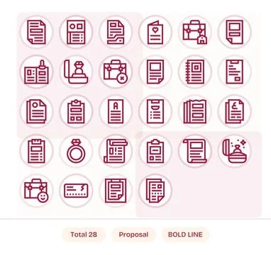 Proposal Vector Icon Collection with 28 64x64 Bold Line Designs Stock Illustration