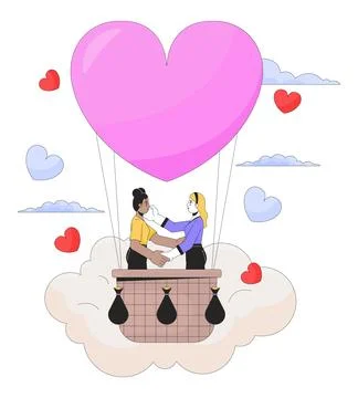 Proposing in hot air ballooning 2D linear illustration concept Stock Illustration