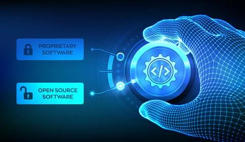 Proprietary vs Open Source Software technology concept. Hand adjusting knob t Stock Illustration