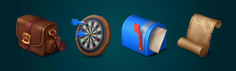 Props game vector icons set with target, bag, map Stock Illustration