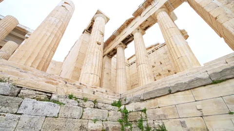 Propylaea propylaia gate columns panning at Acropolis ruins in Athens, Greece Stock Footage 252154851