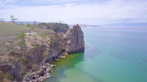 ProRes. Baikal lake shore and rocks from aerial view Stock Footage 83934026