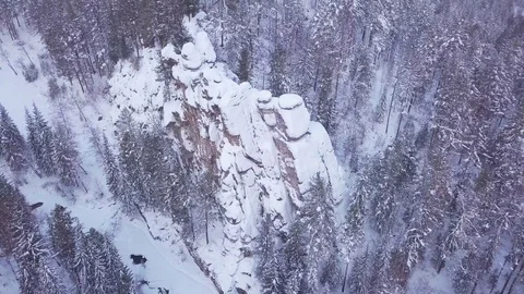 ProRes. Winter forest and rocks from aerial view. Landscape. Stock Footage 84192532