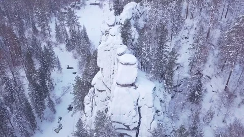 ProRes. Winter forest and rocks from aerial view. Landscape. Stock Footage 84192624