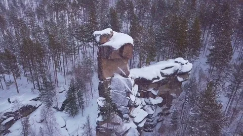 ProRes. Winter forest and rocks from aerial view. Landscape. Stock Footage 84193058