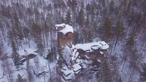 ProRes. Winter forest and rocks from aerial view. Landscape. Stock Footage 84193363