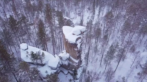 ProRes. Winter forest and rocks from aerial view. Landscape. Stock Footage 84193684