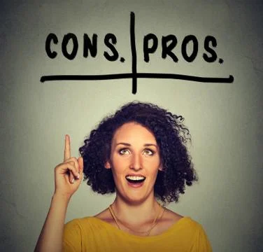 Pros and cons argument concept. Woman with glasses looking up deciding Stock Photos