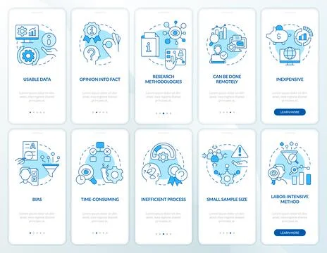 Pros and cons of case study blue onboarding mobile app screen set Illustrazione stock