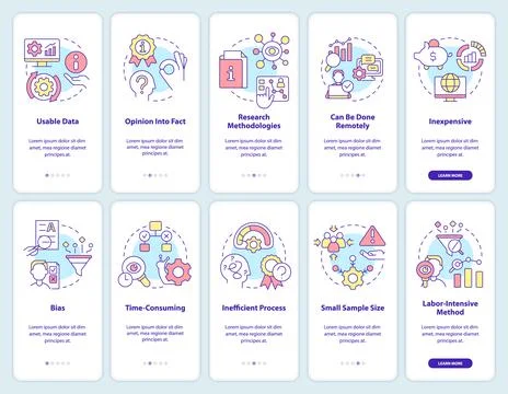 Pros and cons of case study onboarding mobile app screen set Illustrazione stock