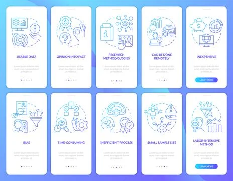 Pros and cons of case study blue gradient onboarding mobile app screen set Stock Illustration