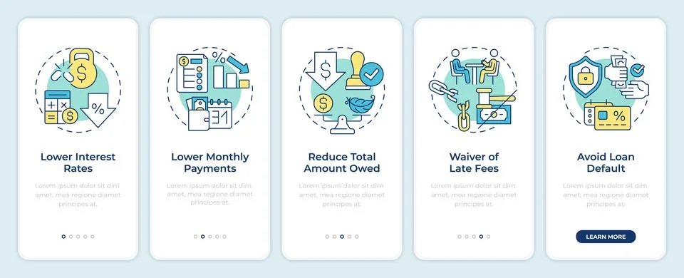 Pros of debt restructuring onboarding mobile app screen Illustration