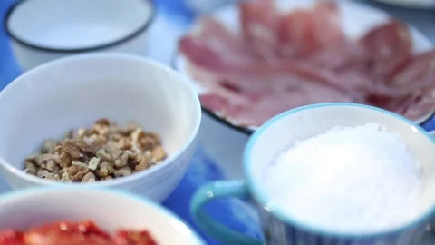 Prosciutto ham close up shot Video stock 133748696