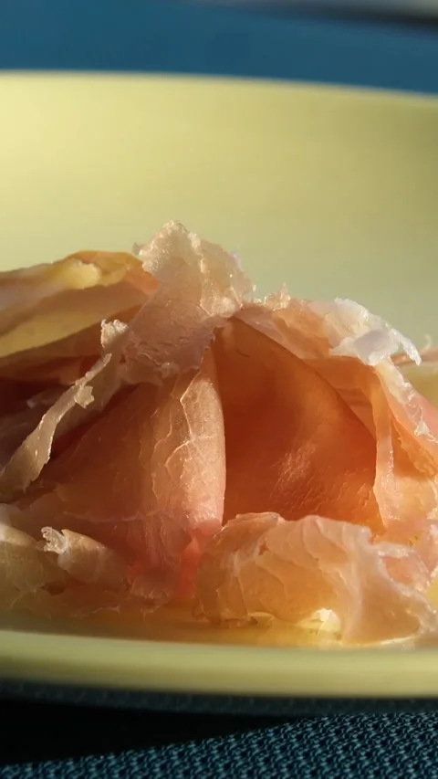 Prosciutto Jamon iberico tapas close up, chef cooking the best spanish ham pork Stock Footage 316068548