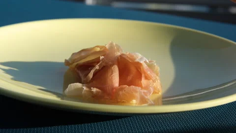 Prosciutto Jamon iberico tapas close up, chef cooking the best spanish ham pork Stock Footage 316098656