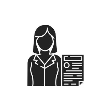 Prosecutor with document glyph black icon. Courthouse concept. Law and justic Stock Illustration