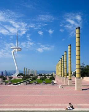 Prospectic view of Communication Tower and Olympic Park, Barcelona Spain 스톡 사진