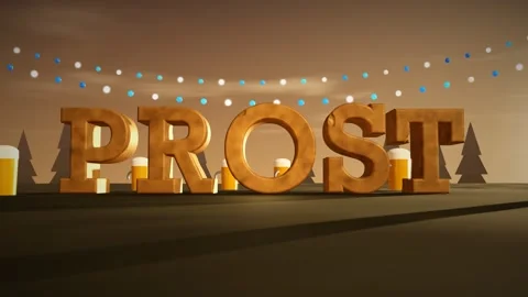 Prost Dark Oak 3D Letters with Beer Steins and Bavarian Blue and White Bunting Stock Footage 343816126