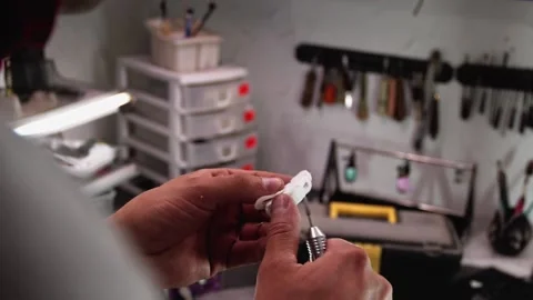 Prosthesis for hands. Assembly of a prosthetic hand in the garage Stock Footage 171884374