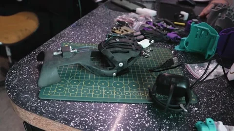 Prosthesis for hands. Assembly of a prosthetic hand in the garage Stock Footage 171885108