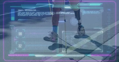 Prosthetic leg technology image over person walking with crutches on pavement Ilustração Stock
