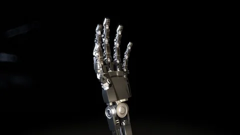 Prosthetic robot hand mimics a human hand Stock Footage 90583031