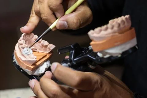 Prosthetic tooth being modeling with ceramic powder Stock Photos
