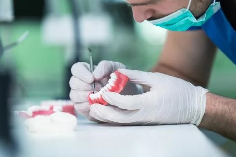 Prosthetics hands while working on the denture. Foto stock