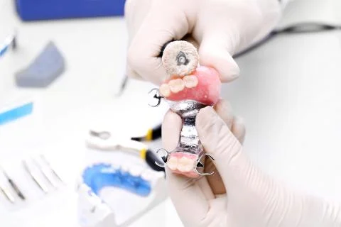 Prosthetics hands while working on false teeth. Stock Photos