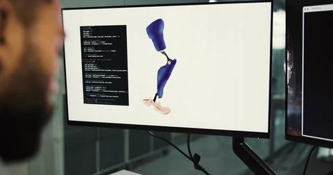Prosthetics, leg or man with computer screen in office, biomedical engineer.. Stock-Fotos
