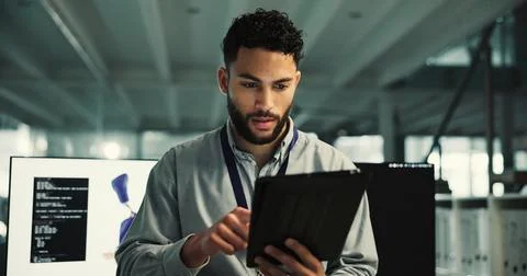 Prosthetics, reading or man with tablet in office, biomedical engineering o.. Stock Photos