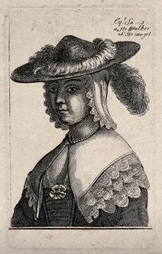 A prostitute with her name and charges. Etching by Wenzel Hollar. Stock Illustration
