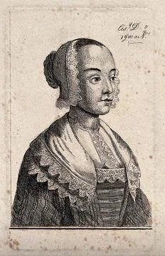 A prostitute with her name and charges. Etching by W. Hollar. Stock Illustration