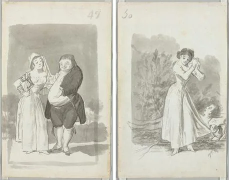 Prostitute Soliciting a Fat, Ugly Man (recto); Young Woman Wringing Her Han.. Stock Illustration