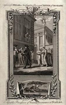 Prostitutes being led through the streets of Naples watched by men from the.. Stock Illustration