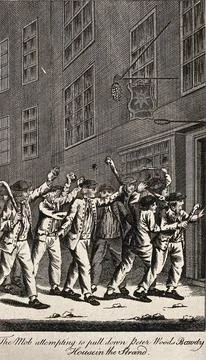 Prostitution men break down the door of a London brothel with clubs to avenge a Stock Illustration