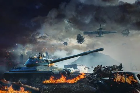 Prostrate tank under fire from enemy aircraft Stock Illustration