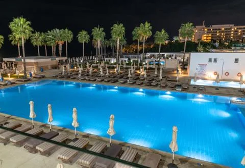 Protaras, Cyprus - Oct 12. 2019. swimming pool near hotels in the resort vill Stock Photos