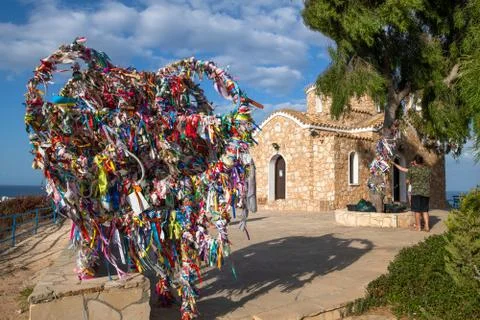 Protaras, Cyprus - Oct 6. 2019. Wish tree near the temple of St. Nicholas Stock Photos