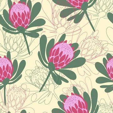 Protea flowers seamless pattern on light yellow background Stock Illustration