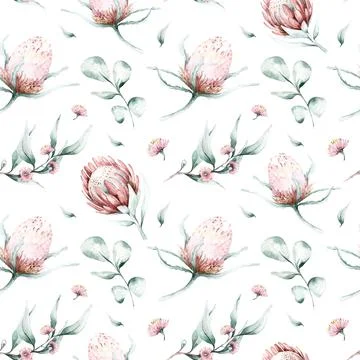 Protea seamless pattern flower. watercolor tropical leaves, hand painted Stock Illustration