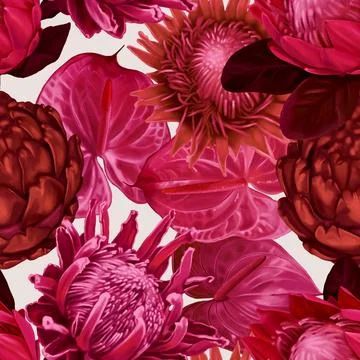 Protea seamless pattern. Viva Magenta Color. Pantone trendy color 2023 Stock Illustration